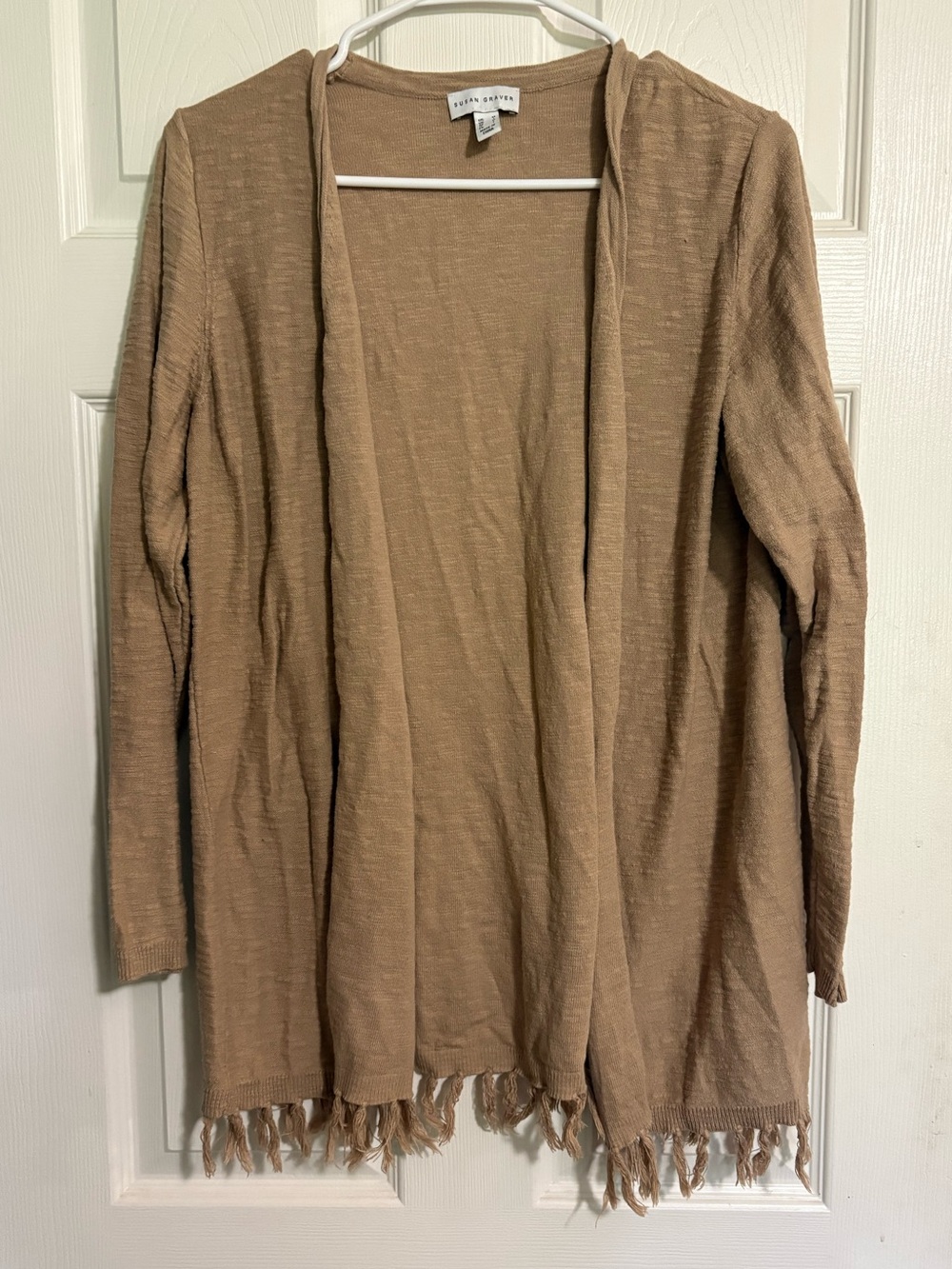 Susan graver light brown cardigan fringe brown